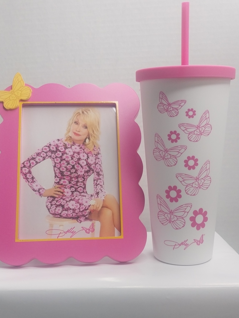 Dolly Parton Pink & White Butterfly Picture And Travel Tumbler Set.